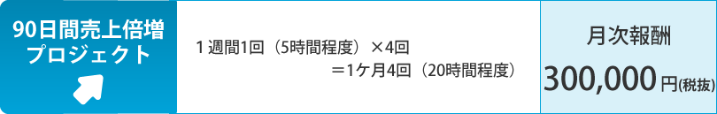 90日間売上倍増プロジェクト：１週間1回（5時間程度）×4回＝1ケ月4回（20時間程度）で月次報酬300,000 円(税抜)。