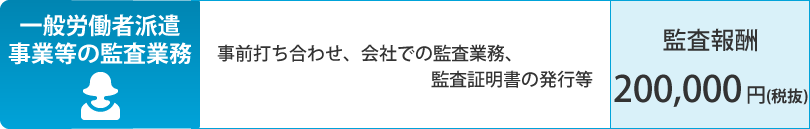 一般労働者派遣事業等の監査業務。事前打ち合わせ、会社での監査業務、監査証明書の発行等。監査報酬：200,000 円(税抜)。